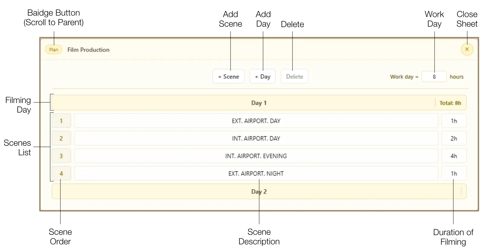 Film Production plan with day-by-day scheduling and scene rows